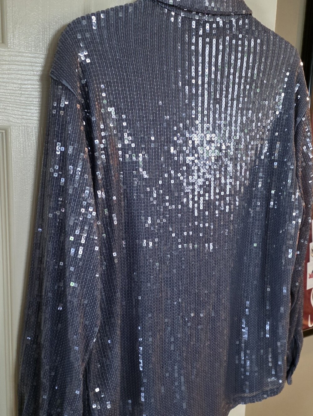 NWT Rachel Zoe Silver Blue Gray Sequin Button Shirt Jacket Medium - Picture 7 of 14